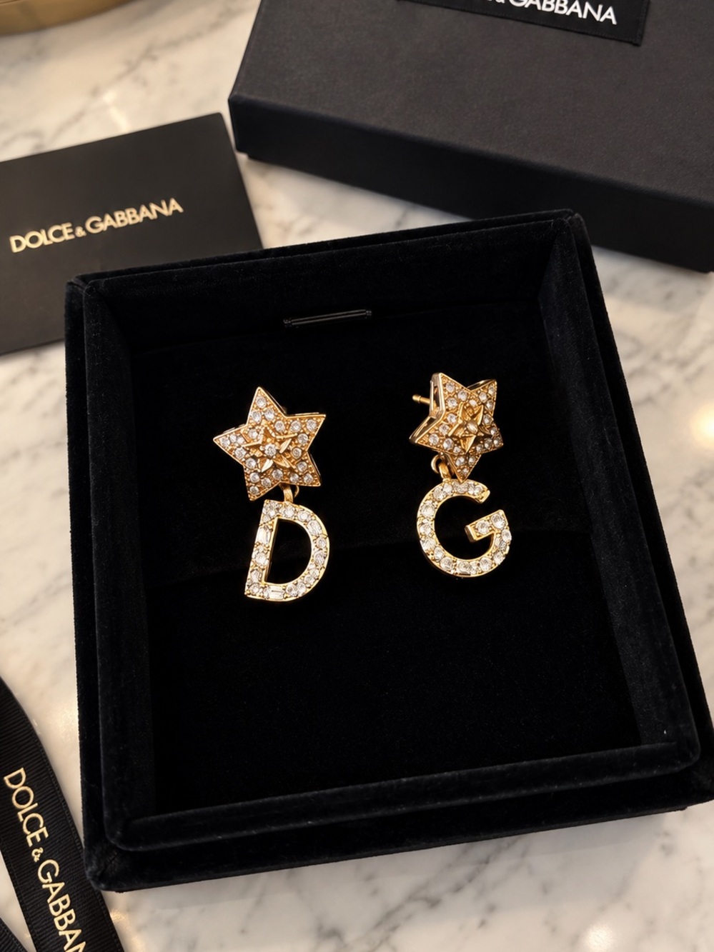 Dolce & Gabbana Gold Crystal Star D & G Drop Earrings